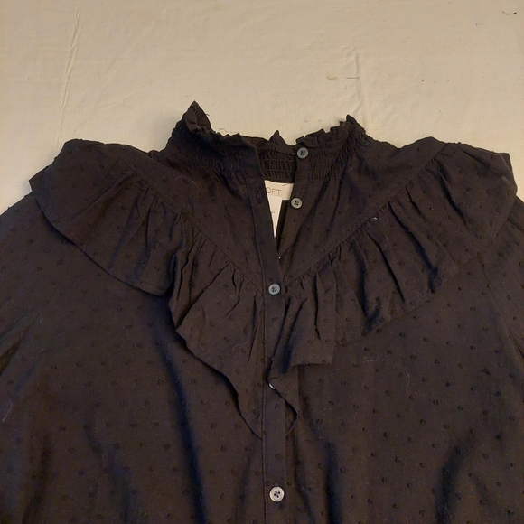 Loft Black Swiss Dot Ruffle Trim Long Balloon Sleeve Blouse Regencycore Size S - Picture 4 of 12